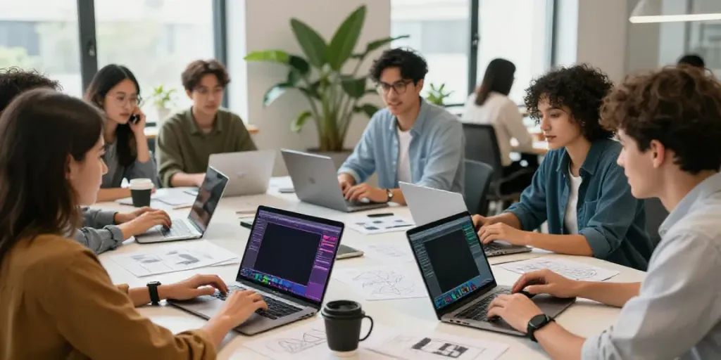 Affordable AI blog image generator in a collaborative workspace with modern design tools and creative professionals.