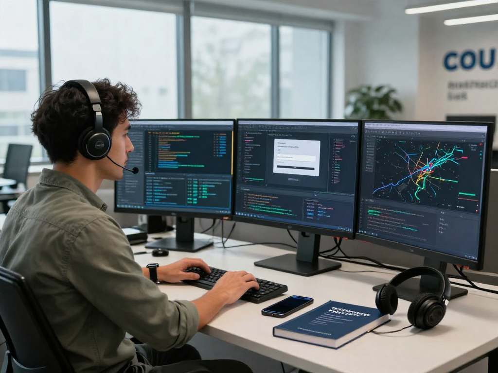 Secure workspace with cybersecurity analyst monitoring rokok88 login data flows and security alerts in a modern tech office.