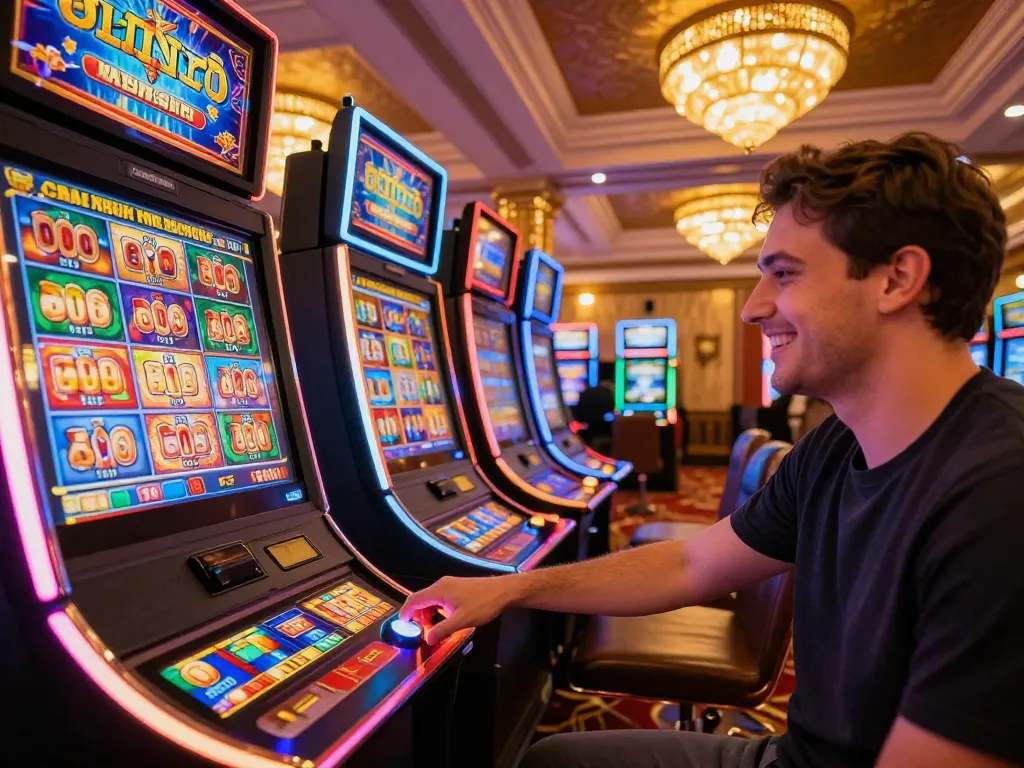 Player enjoying the excitement of spinning a slot game at 8xbet, showcasing a vibrant casino atmosphere