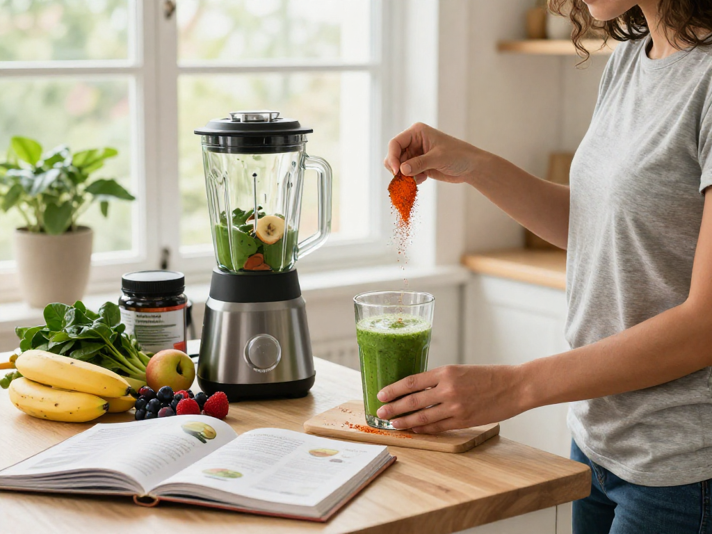 Prepare a nutritious astaxanthin supplement Canada smoothie in a bright kitchen.