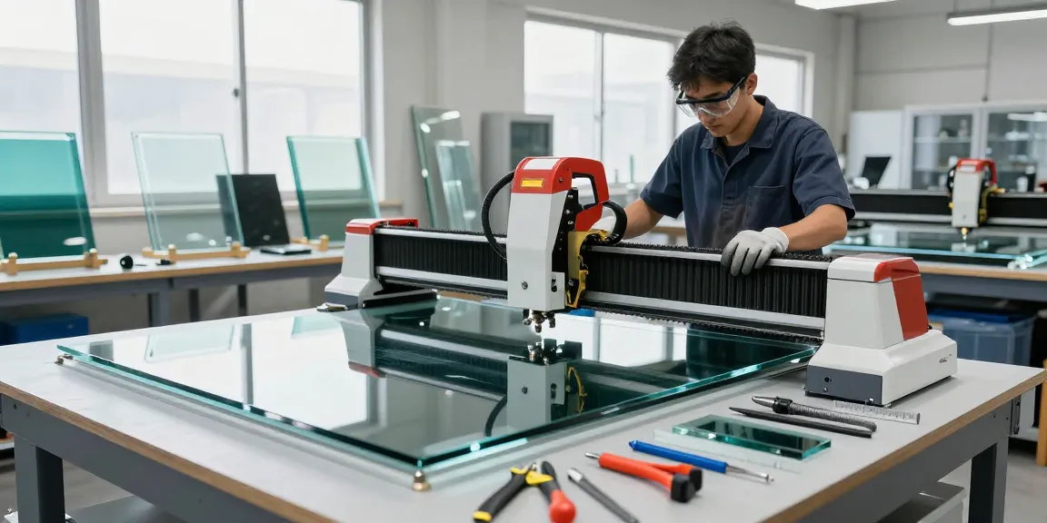 Technician using a glass cutting table in a modern workshop, demonstrating precision in glass processing.