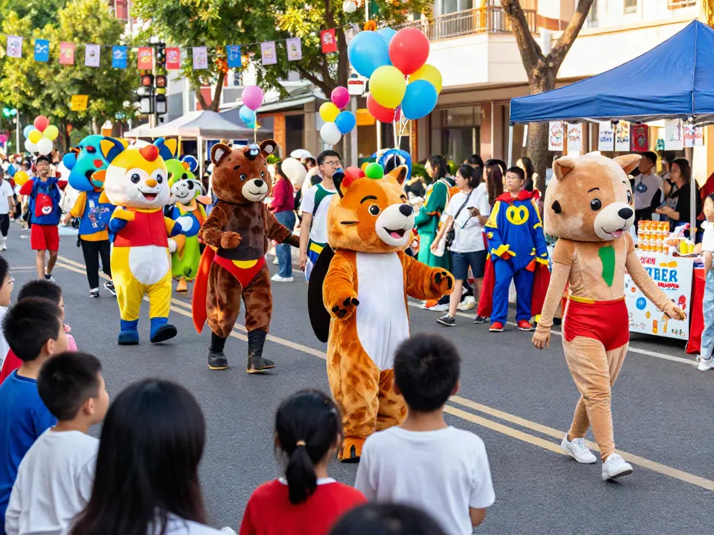 Mascot costumes on vibrant display during a lively community parade with engaging characters.