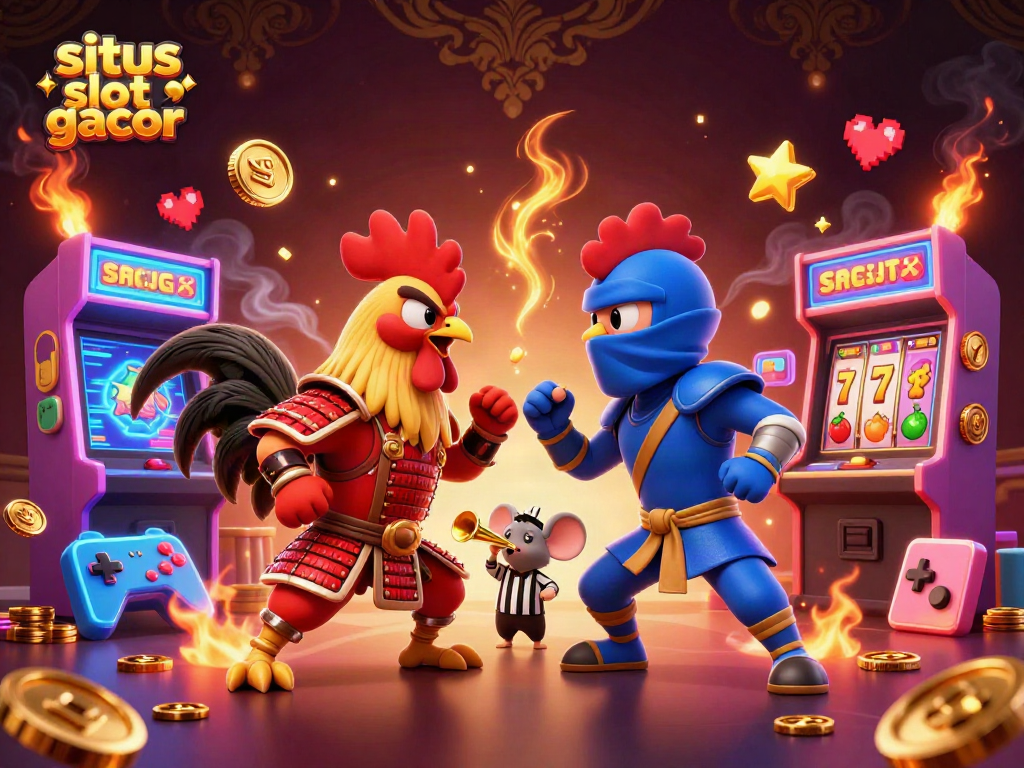 Experience the thrill of situs slot gacor action with cartoon roosters clashing amidst vibrant game elements.