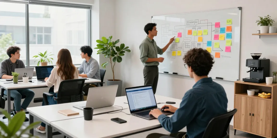 Team collaborating in a modern workspace focused on telegraimin.com, with dynamic presentations and collaborative tools