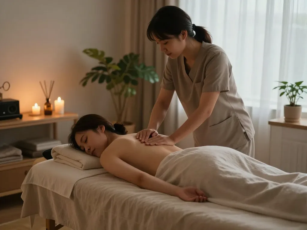 Professional 출장안마 service in a calm wellness environment with soothing lighting and ambiance.