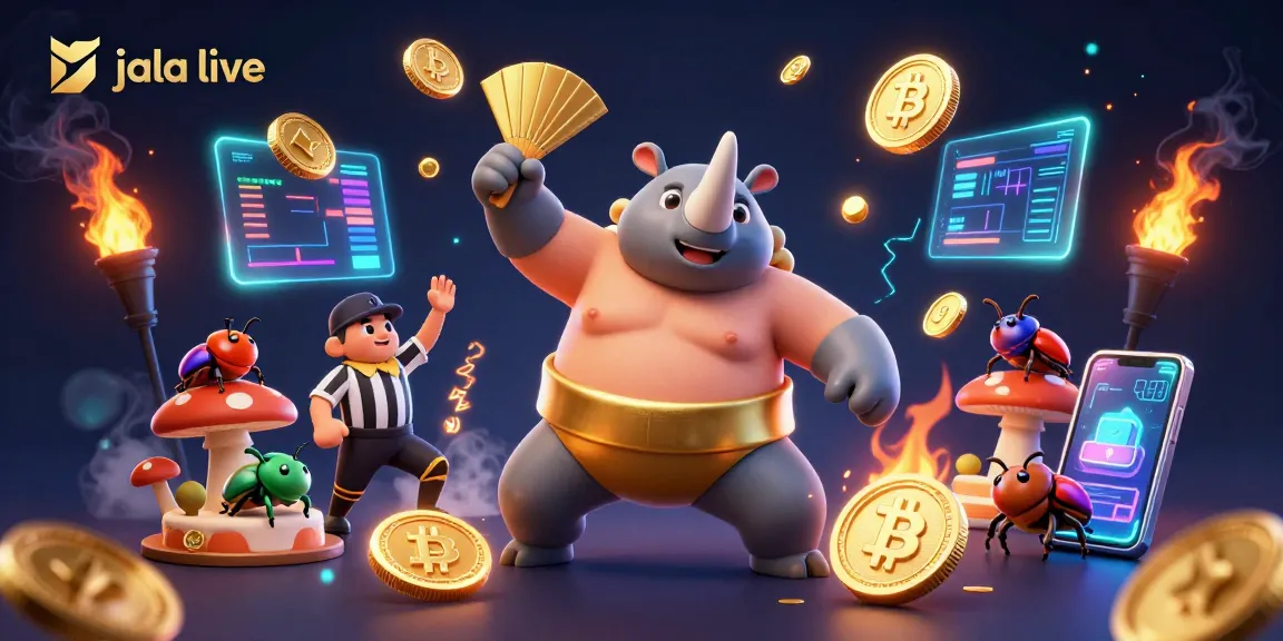 Experience jala live excitement with a rhinoceros beetle champion and tons of flying gold coins in this vibrant casino illustration.