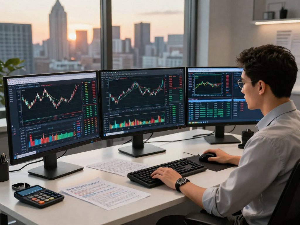 Active financial analyst using MetaTrader 5 for trading in a modern office.