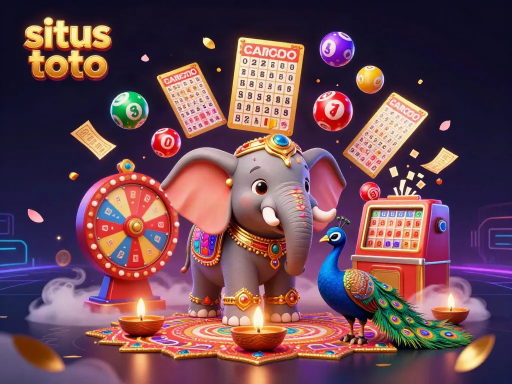 Engage with situs toto in a vibrant, dynamic lottery-themed 3D casino illustration.