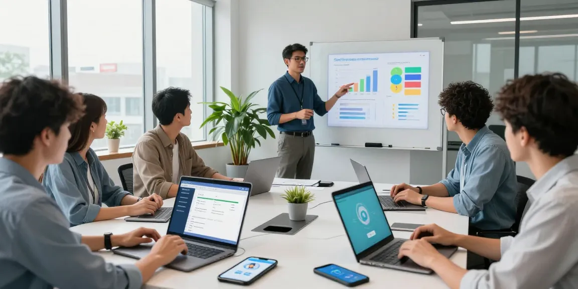 Age verification system collaboration in a modern office setting showcasing advanced compliance software and diverse team innovation.