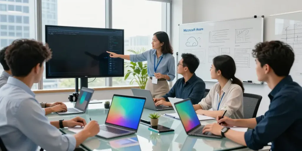 Team engaging in Microsoft Azure managed services strategy meeting, showcasing collaboration and innovation.