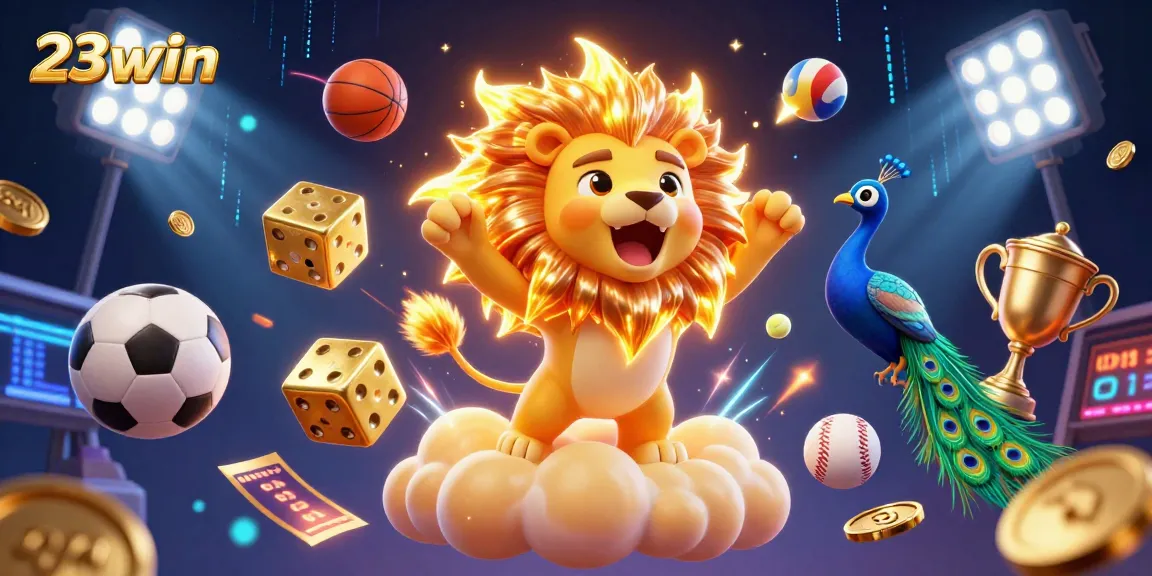Experience the excitement of 23win with a vibrant 3D casino illustration depicting various gambling elements and energetic characters.