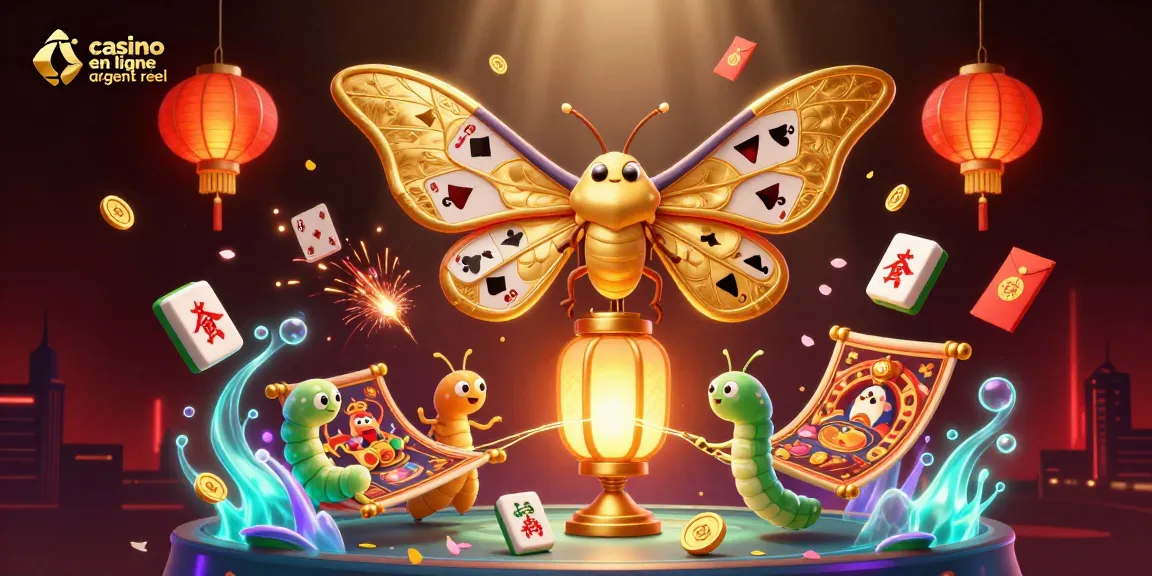 Découvrez les jeux du casino en ligne argent réel avec une scène vibrante intégrant des éléments de jeu et un papillon majestueux.