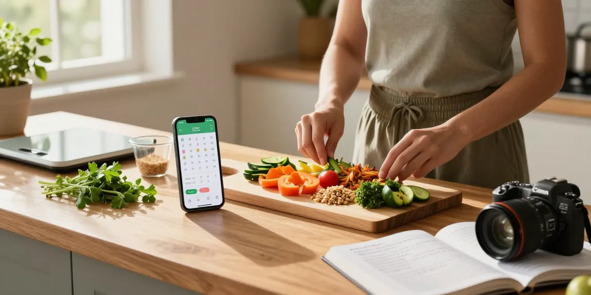 Preparing a healthy meal while using the best nutrition tracking app on a smartphone in a modern kitchen setting.