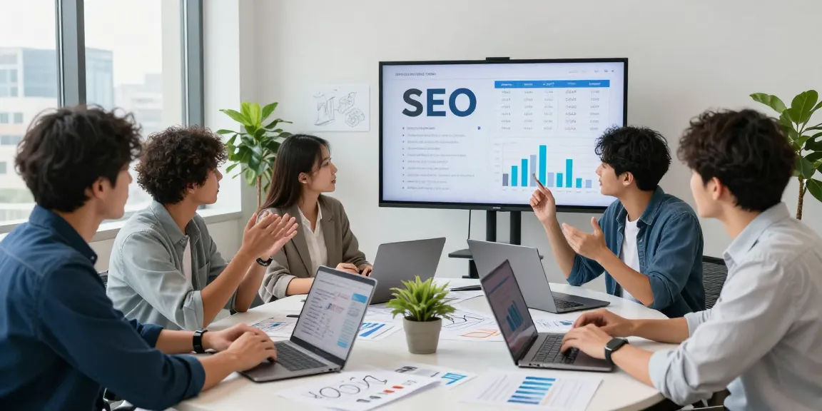 Team in a digital marketing agency collaborating on SEO strategies, showcasing the expertise of an SEO Agency.