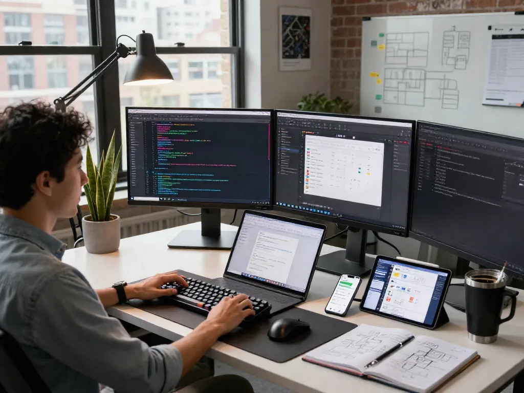 Developer bekerja dengan Server PG di ruang kerja modern yang nyaman.