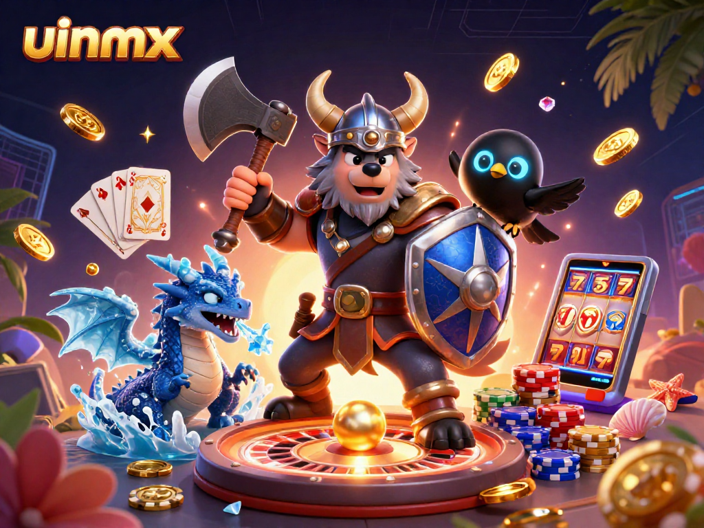 Experience thrilling gameplay with uinmx, featuring Viking warriors, dragons, and vibrant casino scenes.