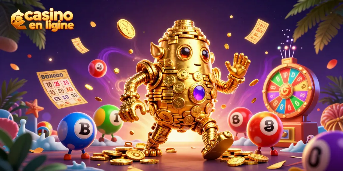 Vivez l'expérience du casino en ligne avec notre illustration dynamique montrant le golem doré et des éléments de jeu.