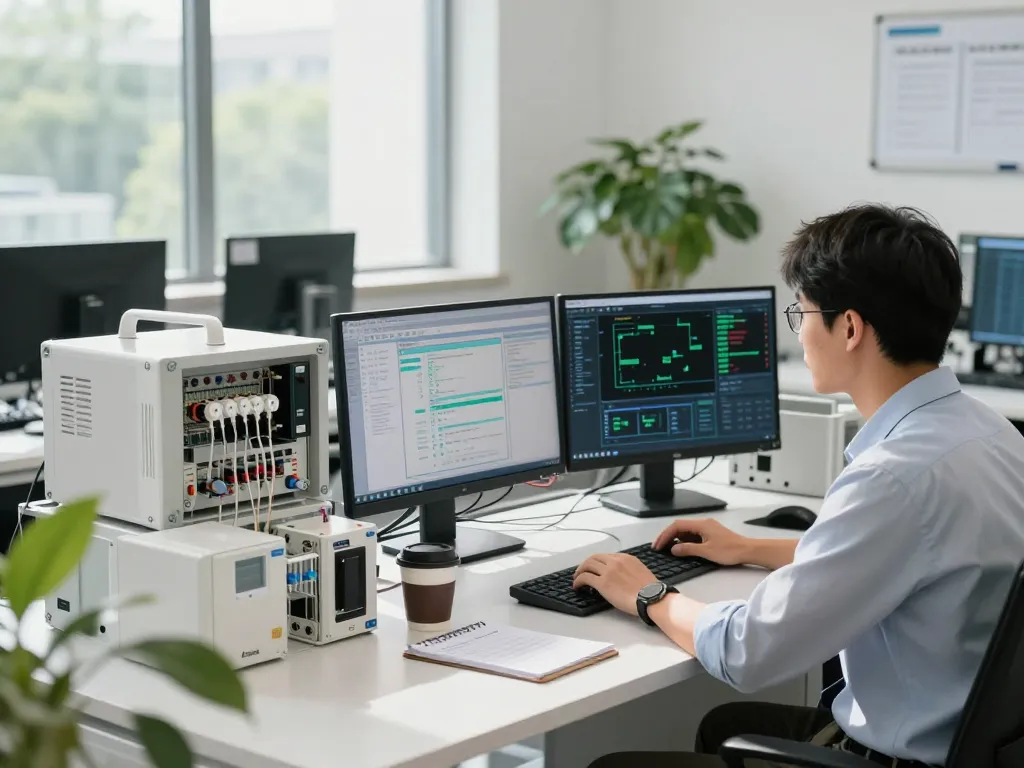 Engineer at Hải Phòng Tech configuring sensors in a modern workspace with multiple screens and tech equipment.