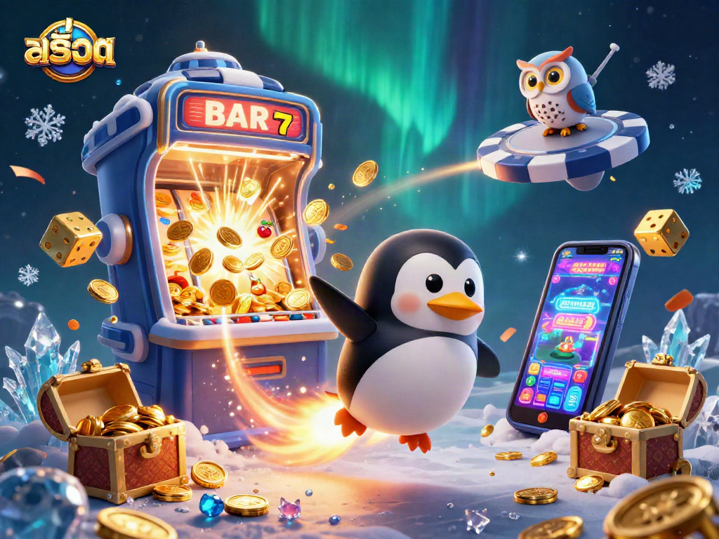 Engage in สล็อต adventures with a golden penguin and exploding slot machine in vibrant space