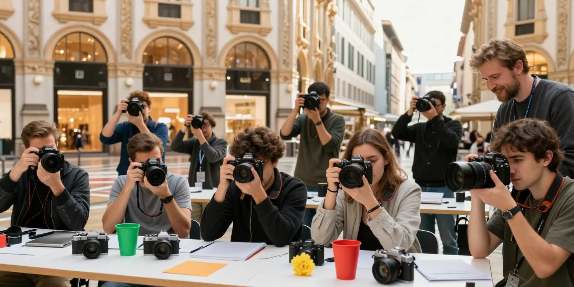 Corsi di Fotografia a Milano: studenti impegnati in un workshop pratico di fotografia all'aperto, circondati da splendide architetture milanesi.