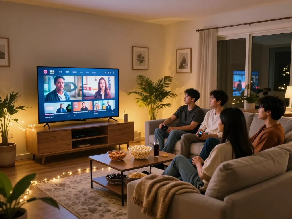 Friends enjoying the top 7 binge-worthy shows in a cozy living room.