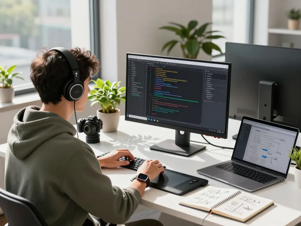 Developer utilizing moltbot in a modern workspace with code on screen and tech gadgets around.