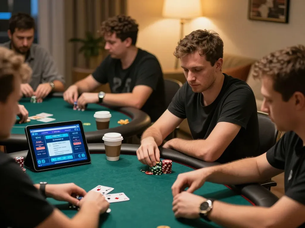 Jun88 online poker players engaged in a competitive game at home, showcasing strategy and excitement.