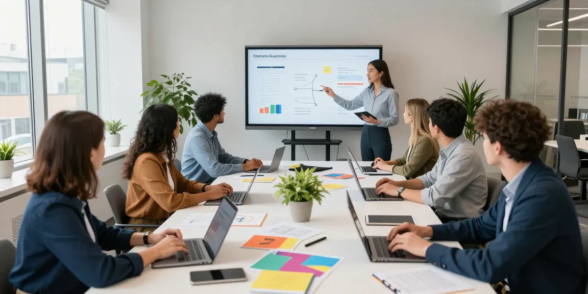 Interactive marketing course for small businesses in a modern office.