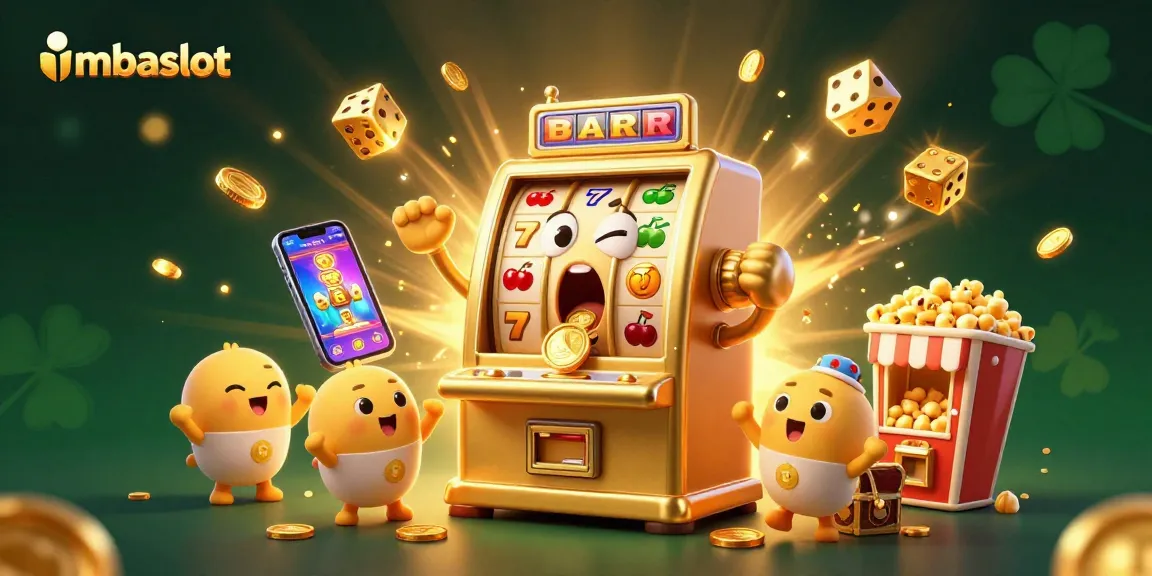 Spin to win at imbaslot, featuring a dazzling scene of a golden slot machine hitting a jackpot amidst celebratory visuals.
