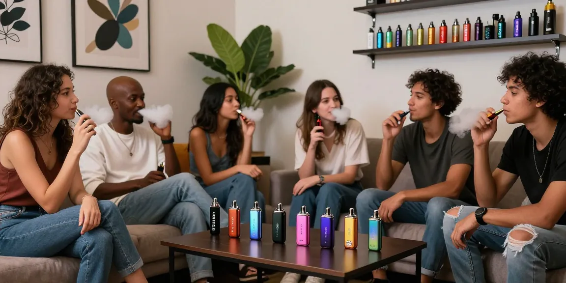 Vape lounge atmosphere featuring friends enjoying 蒸氣天堂 together with various devices and vape juices.