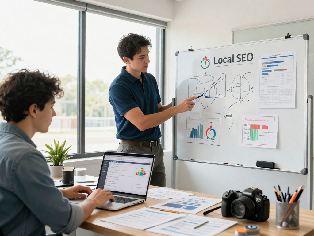 Local SEO for contractors teamwork scene in a vibrant home-service office environment.