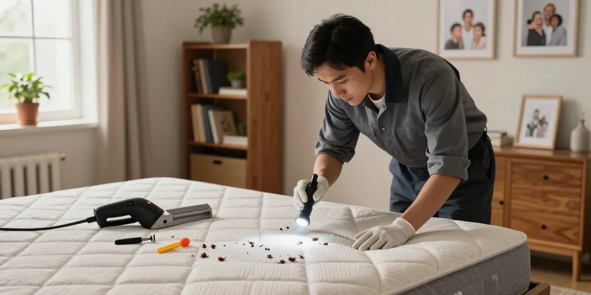 Bed bug exterminators examining a cozy bedroom mattress for bed bugs with inspection tools and soft natural light.