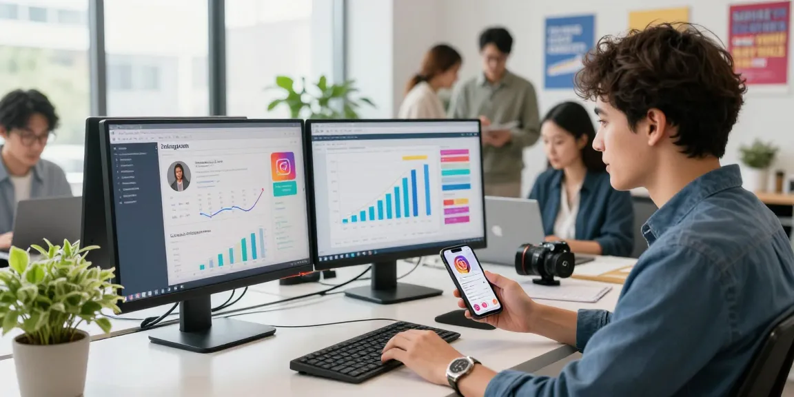 Engaging scene of a marketer analyzing metrics while researching instagram follower kaufen strategies in a modern workspace.