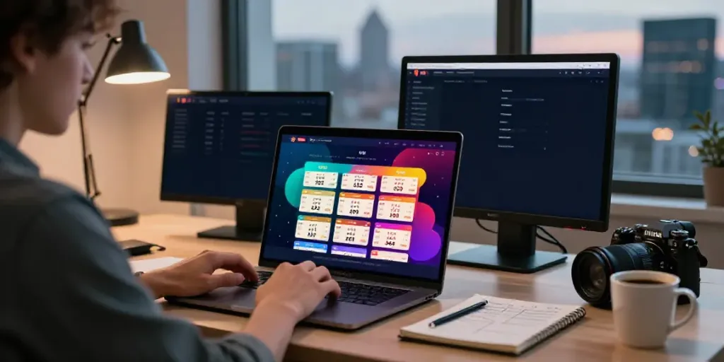 Togel online lottery interface with user engaging on a laptop at a stylish desk.
