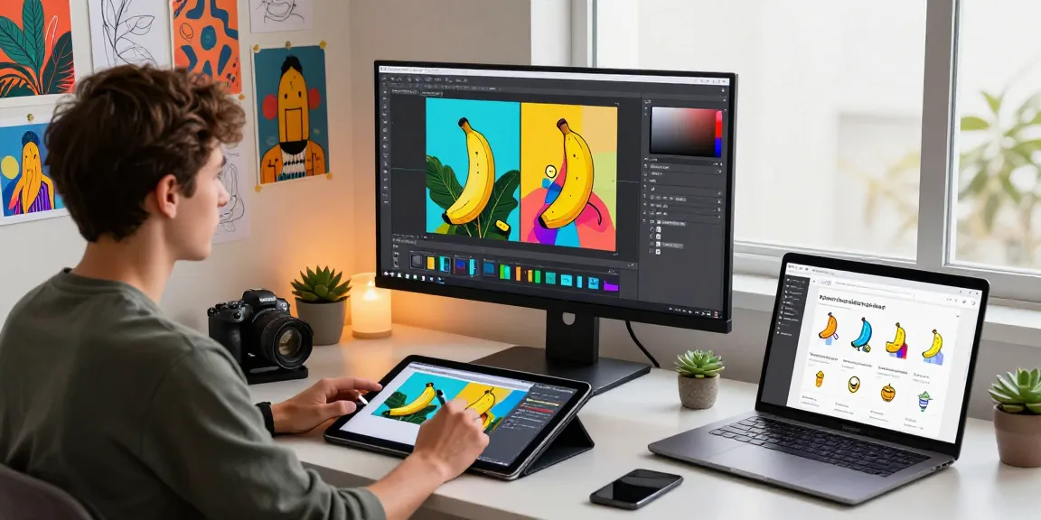 Designer using nano banana 2 AI image editor in a vibrant digital art studio.