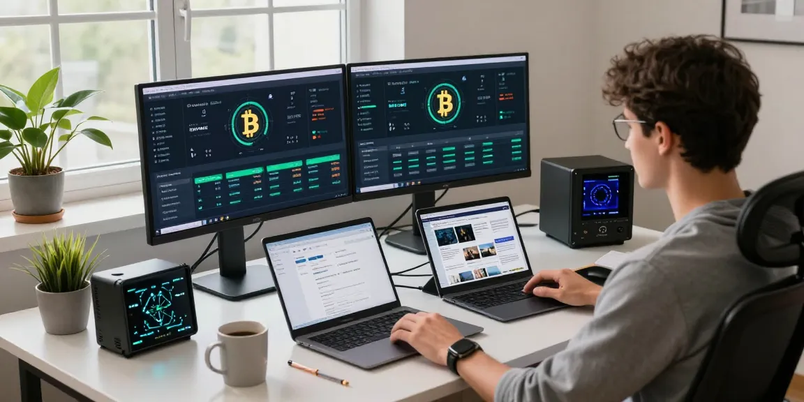 Bitcoin mining online setup in a modern workspace with advanced tech displaying cryptocurrency networks and cloud mining software.