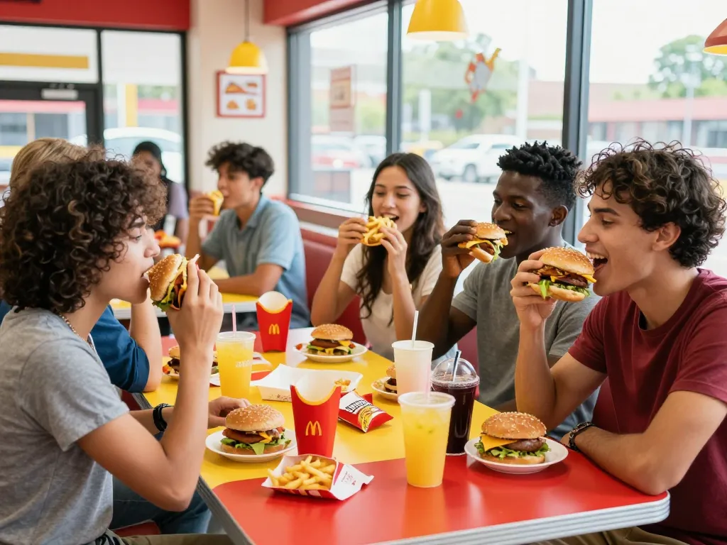 Fast food menu items enjoyed by friends in a lively restaurant setting.