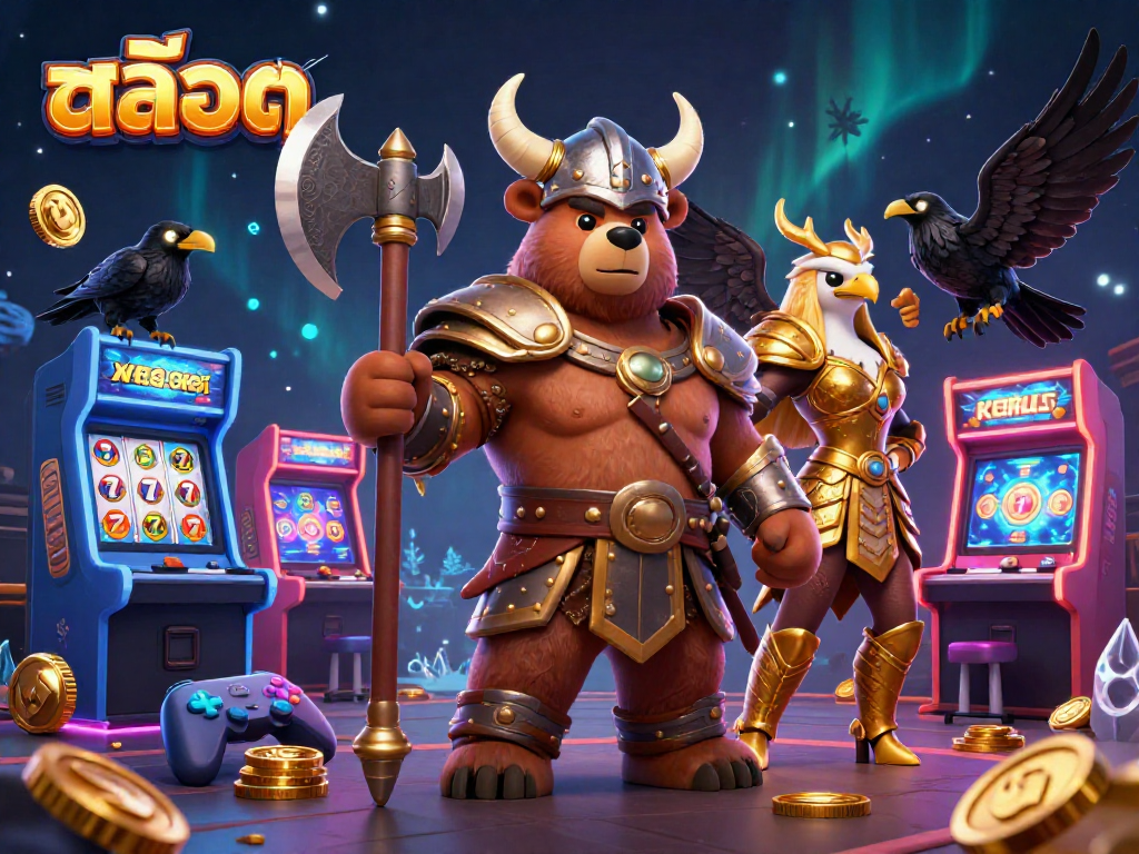 Experience thrilling สล็อต action with a Viking bear and Valkyrie eagle amid vibrant casino elements.