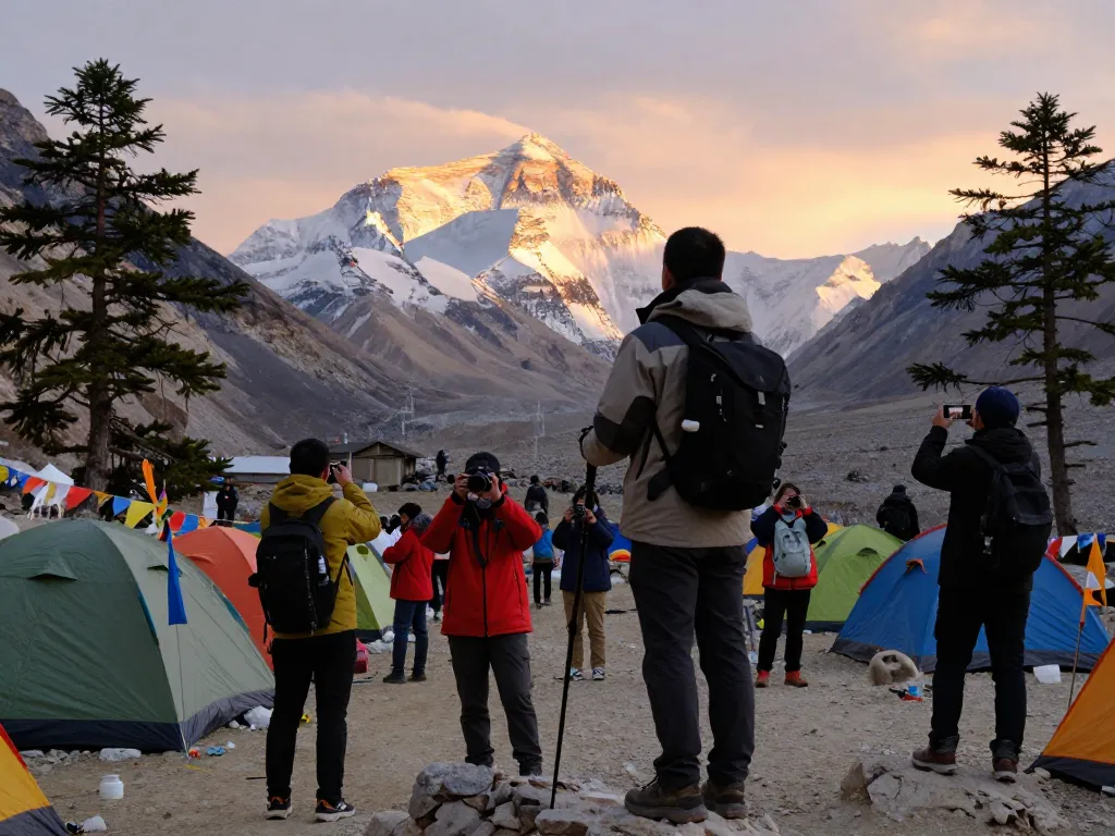Traveler at Everest Base Camp Trek gazing at towering peaks and capturing the moment with fellow trekkers.