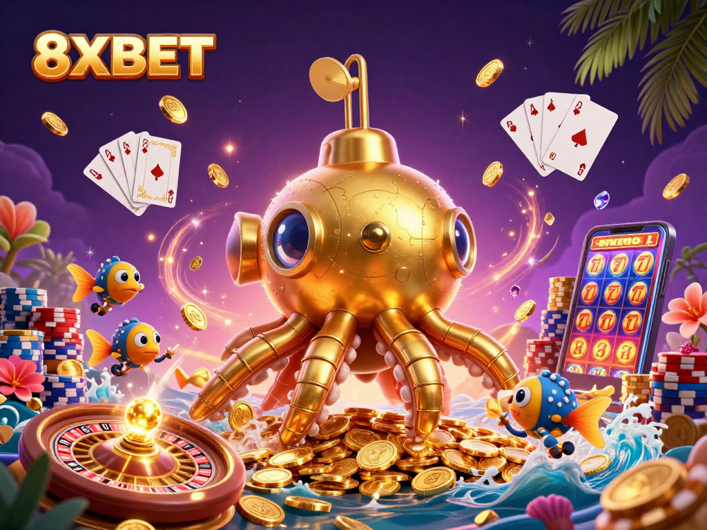 Experience thrilling gameplay with 8XBET featuring a golden kraken submarine and casino elements.