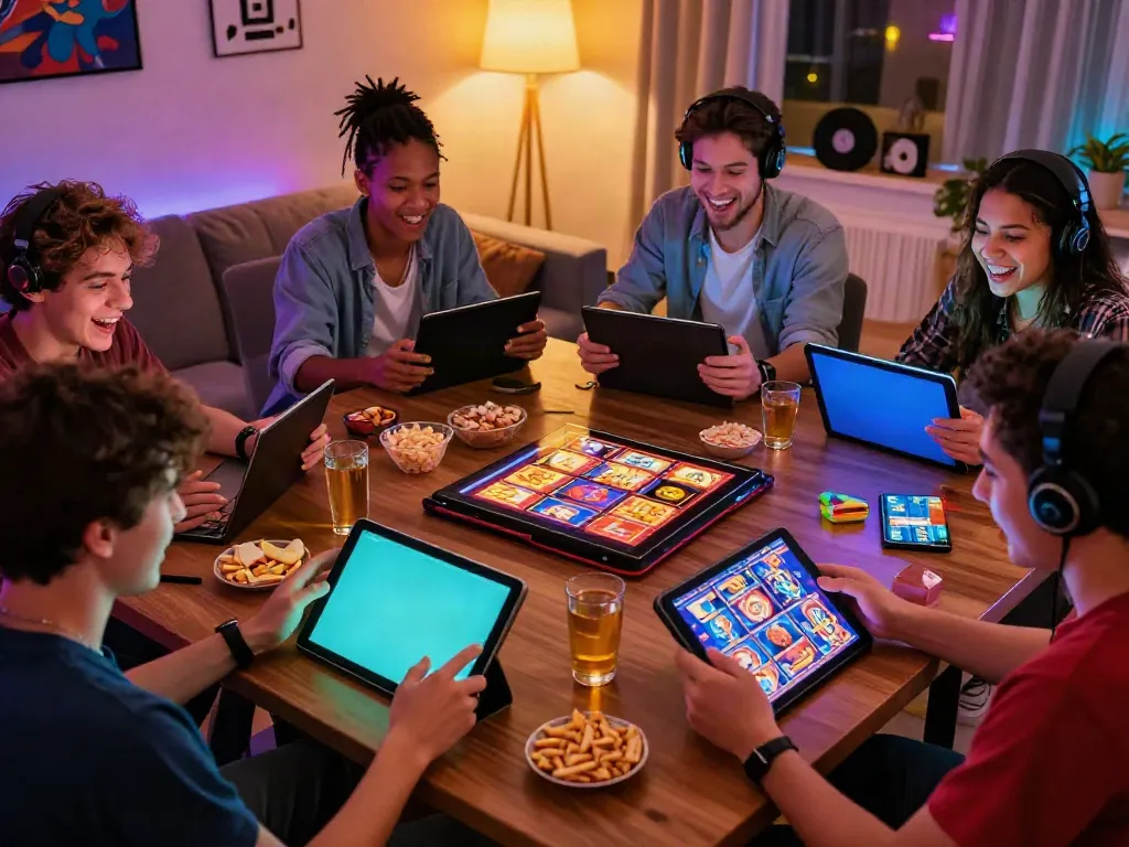 Friends enjoying slot games together in a vibrant gaming atmosphere.
