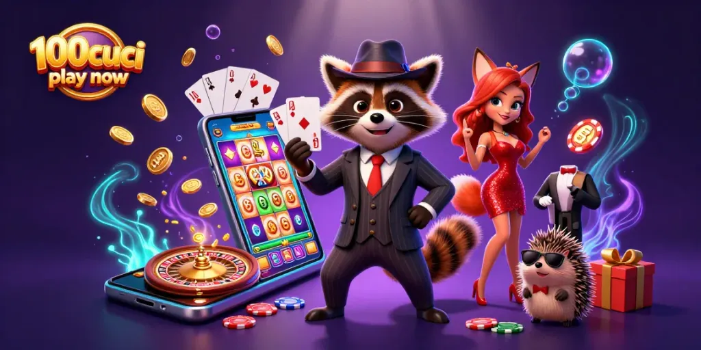 Play fun games at 100cuci play now, featuring a charming raccoon and exciting casino elements.