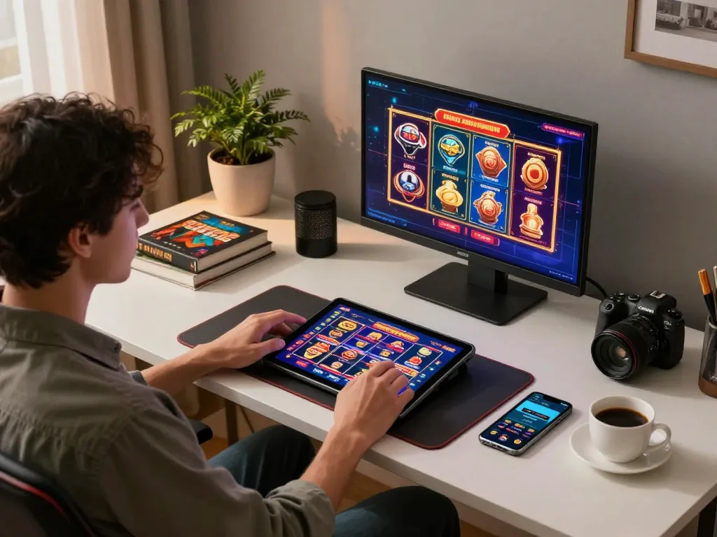 rokok88 player actively engaging with online slot games on a tablet in a stylish home environment.