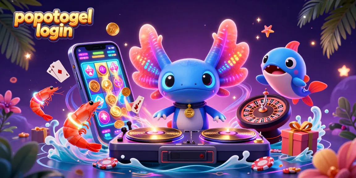 Engage with popotogel login as neon axolotl DJ spins golden records amidst vibrant casino elements.
