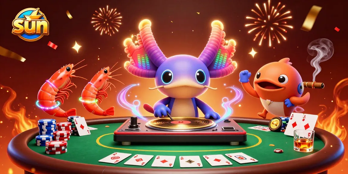 Gamble with excitement as the sun-inspired DJ axolotl spins records amidst vibrant casino elements.