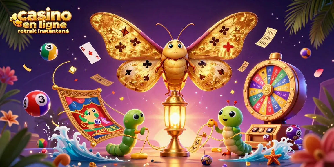 Casino en ligne retrait instantané avec papillon doré et éléments de jeu colorés virevoltant autour.