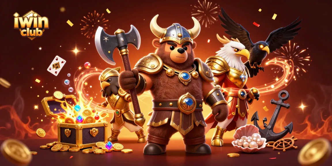 Engage with iwin club's thrilling gameplay as Viking bear and Valkyrie eagle celebrate casino wins amidst festive treasures.