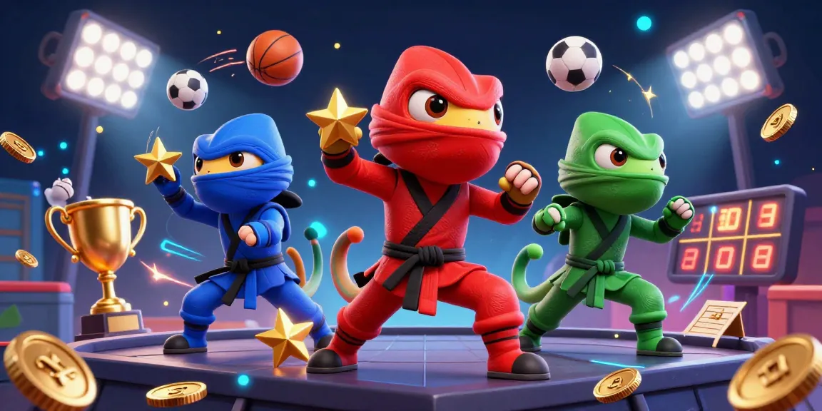 Experience thrilling sports action with red888's dynamic cartoon ninja chameleons performing spectacular martial arts moves under neon lights.