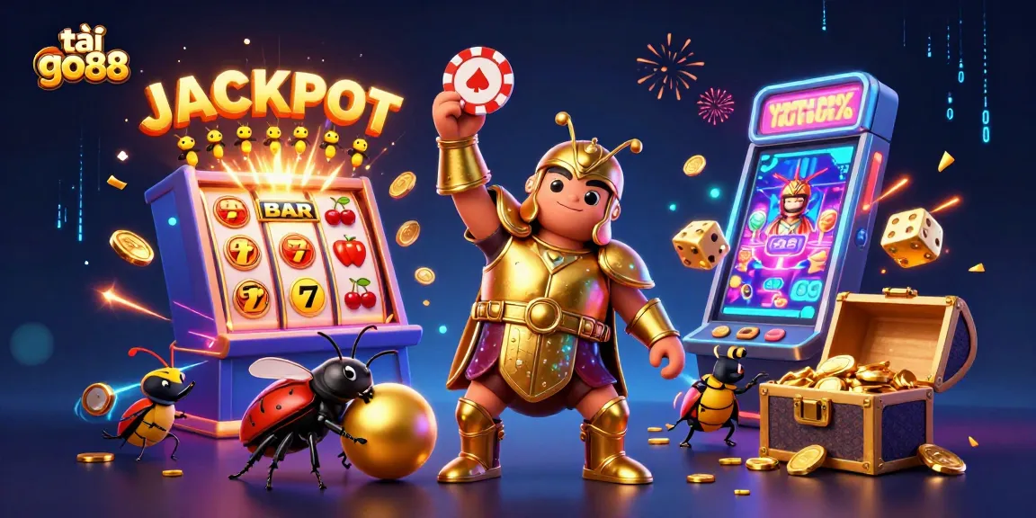 Experience the thrill of tải go88 with a triumphant hercules beetle in a casino setting, showcasing vibrant gaming elements.