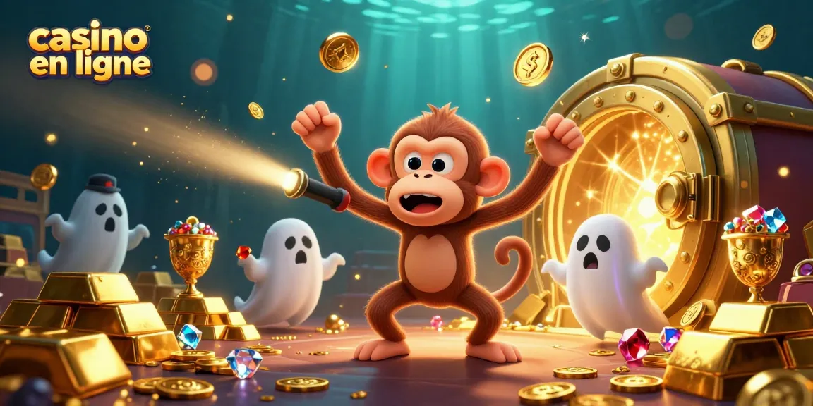 casino en ligne : un singe fantôme malicieux jongle avec des objets d'or dans un casino hanté